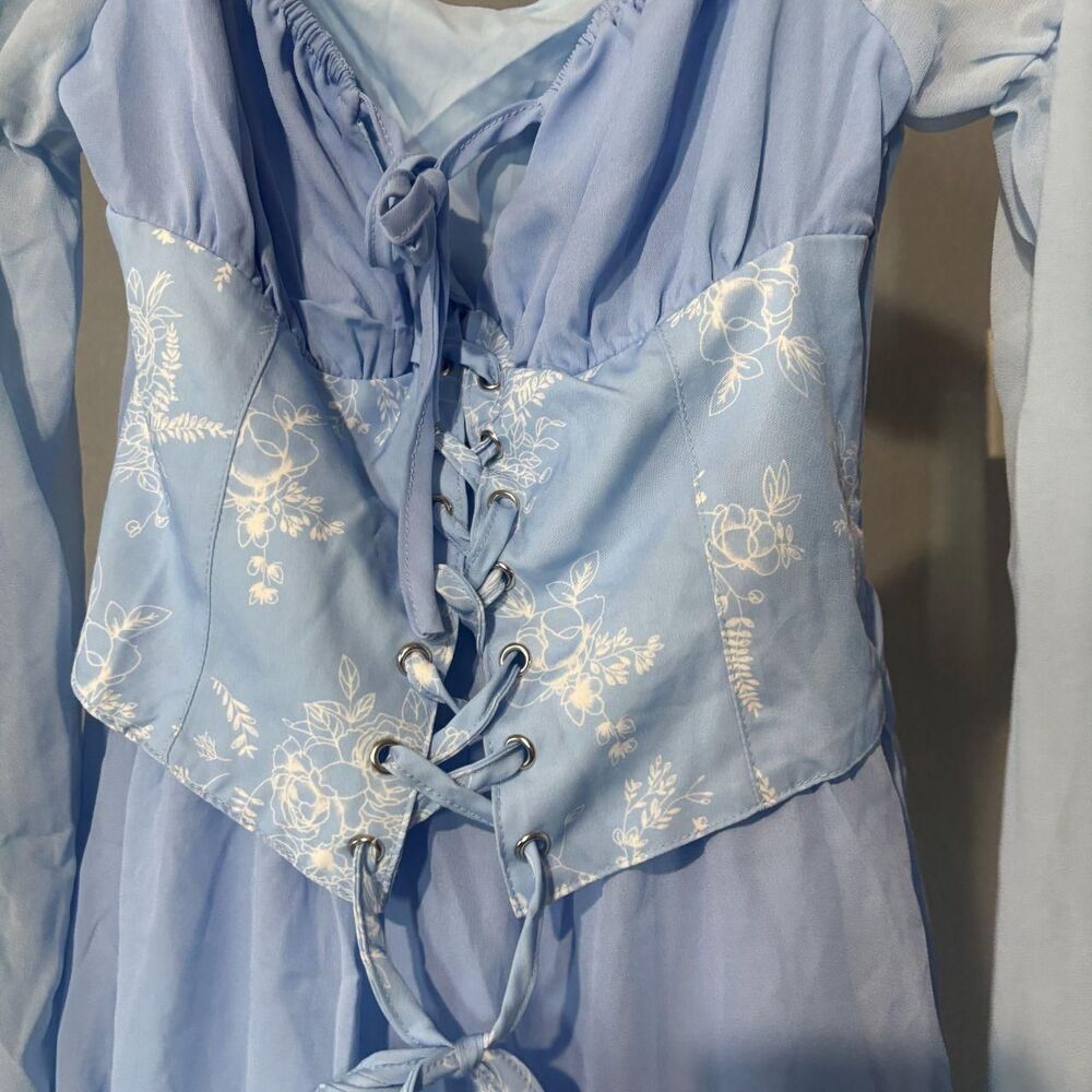 Light Blue Corset Mini Dress XS Floral Embroidered Lace Bell Sleeve Cottagecore - Picture 3 of 6